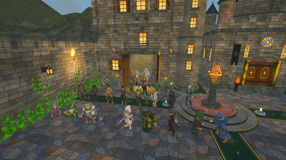 The full hero roster mustered in the castle courtyard