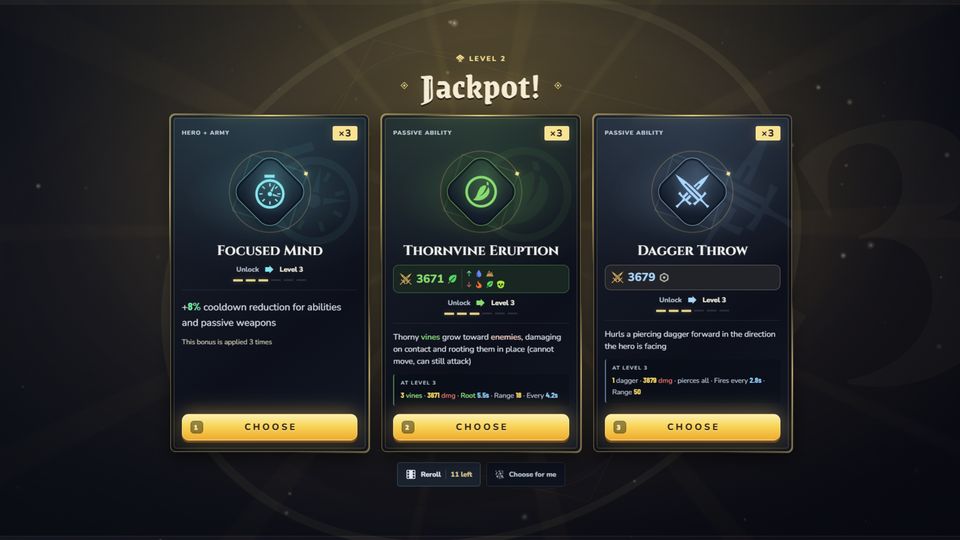 Roguelike level-up draft offering three ability cards