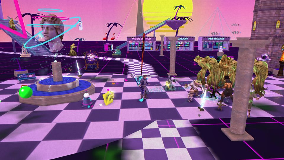 Battle across the checkerboard floor of a vaporwave mall